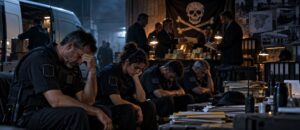 Las empresas piratas, el lado oscuro de las empresas de seguridad privada Empresas piratas de seguridad privada representadas mediante empresarios clandestinos bajo una bandera pirata y vigilantes agotados y desanimados por sus condiciones laborales.