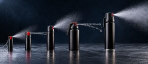 Todo sobre el uso del spray de pimienta en España Vigilante de seguridad con un spray de pimienta de gel balístico en la mano, ilustración sobre el uso del spray de pimienta en España