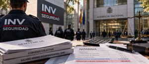 INV Seguridad y el SMI: qué dijo el Supremo y qué cambia en 2026 Mazo judicial junto a una nómina, ilustración sobre INV Seguridad y la sentencia del Supremo sobre el SMI