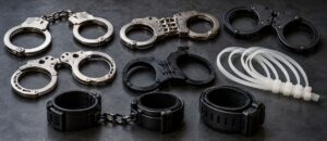 Grilletes para vigilantes: normativa, uso correcto y riesgos legales Grilletes de manilla y defensa reglamentaria en el cinturón de un vigilante de seguridad, ilustración sobre el uso de grilletes en la seguridad privada