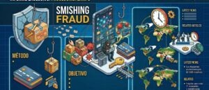 Mrw y el sms falso: la estafa que aprovecha el boom del comercio online Un banner de sitio web de ciberseguridad que advierte sobre la estafa SMS falso, con ilustraciones de paquetes interceptados por anzuelos, un pirata informático en una computadora portátil, mapas globales con alertas y la frase "SMS FALSO" en primer plano.