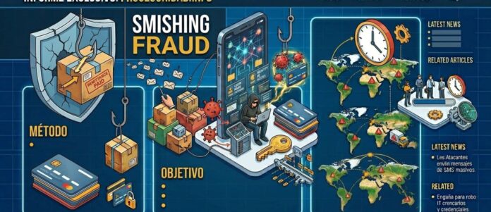 Un banner de sitio web de ciberseguridad que advierte sobre la estafa SMS falso, con ilustraciones de paquetes interceptados por anzuelos, un pirata informático en una computadora portátil, mapas globales con alertas y la frase "SMS FALSO" en primer plano.