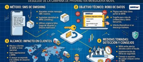 Un banner de sitio web de ciberseguridad que advierte sobre la estafa SMS falso, con ilustraciones de paquetes interceptados por anzuelos, un pirata informático en una computadora portátil, mapas globales con alertas y la frase "SMS FALSO" en primer plano.