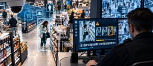 El caso Veesion: la IA en videovigilancia Cámara de supermercado que analiza gestos con inteligencia artificial y envía una alerta al móvil de un vigilante, ilustración sobre Veesion