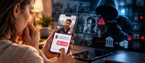 Citas en el punto de mira: el nuevo objetivo de las amenazas digitales Estafas en citas online: mujer observa un perfil falso en una aplicación de citas mientras un ciberdelincuente intenta obtener dinero mediante engaño romántico.