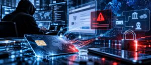 Carding en 2026: cómo roban los datos de tu tarjeta, cómo protegerte y qué hacer si te pasa Tarjeta bancaria y móvil con datos que se escapan, ilustración sobre el carding y el robo de datos de tarjetas
