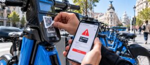 Precaución con los códigos QR de BiciMAD: así opera el fraude ‘qrishing’ utilizando códigos QR falsos Estafa QR en BiciMAD: una persona manipula una pegatina con un código QR en una bicicleta pública de Madrid mientras un móvil muestra una alerta de fraude.