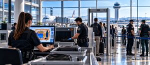 AVSEC: qué es, historia, normativa y formación en España (2026) Vigilante en un control de seguridad aeroportuario con escáner de equipaje, ilustración sobre AVSEC en España