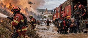 La historia de la UME: la fuerza que responde en los peores momentos Unidad Militar de Emergencias (UME) representada en labores de extinción de incendios forestales y rescate de personas durante inundaciones en España.