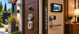 Seguridad en el hogar: cómo proteger tu vivienda y tu familia Seguridad del hogar con puerta acorazada, escudos protectores, cerradura inteligente, mirilla digital y sistemas de vigilancia exterior e interior.