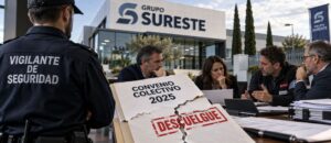 Sureste Seguridad y el convenio: qué pasó en 2025 y qué cambia en 2026 Convenio colectivo y nómina sobre una mesa, ilustración sobre Sureste Seguridad y el convenio de seguridad privada