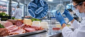 Alerta grave: Listeria en productos cárnicos y lácteos en España desata preocupación europea Análisis de listeria en alimentos en un laboratorio de seguridad alimentaria, con embutidos, quesos, muestras microbiológicas y personal científico.