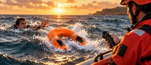 U-Safe: el dron acuático que revoluciona el salvamento marítimo Dron acuático U-Safe de rescate acercándose a una persona en peligro en el mar, controlado a distancia por un socorrista desde una embarcación.