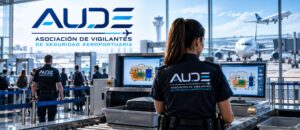 AUDE refuerza su estructura y abre una nueva etapa para la seguridad aeroportuaria española Logotipo de AUDE, Asociación de Vigilantes de Seguridad Aeroportuaria, junto a vigilantes trabajando en un filtro de seguridad de un aeropuerto español.