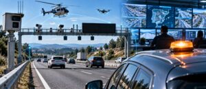 Cómo te vigila la DGT: la guía definitiva sobre la tecnología que protege las carreteras españolas | DGT 3.0, radares, Pegasus, drones, baliza V16 y señal V-27 Sistemas de vigilancia de la DGT en una autovía española, con radares, cámaras de tráfico, helicóptero, dron y centro de control de circulación.