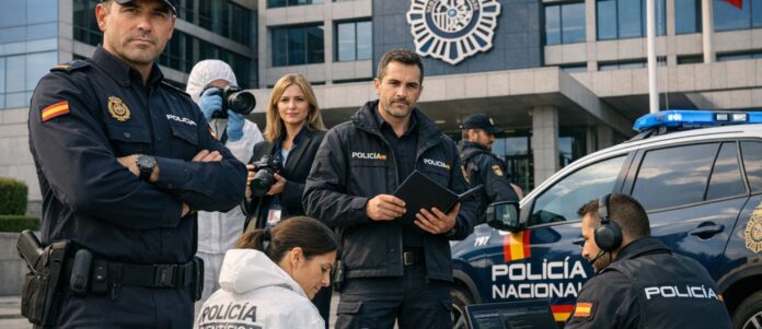 Fachada de la Dirección General de la Policía con agentes y vigilantes colaborando.
