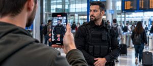 Guía esencial de defensa legal: ¿te pueden grabar con el móvil en el trabajo si eres vigilante de seguridad? Persona grabando con un teléfono móvil a un vigilante de seguridad durante su trabajo en una estación de transporte público.