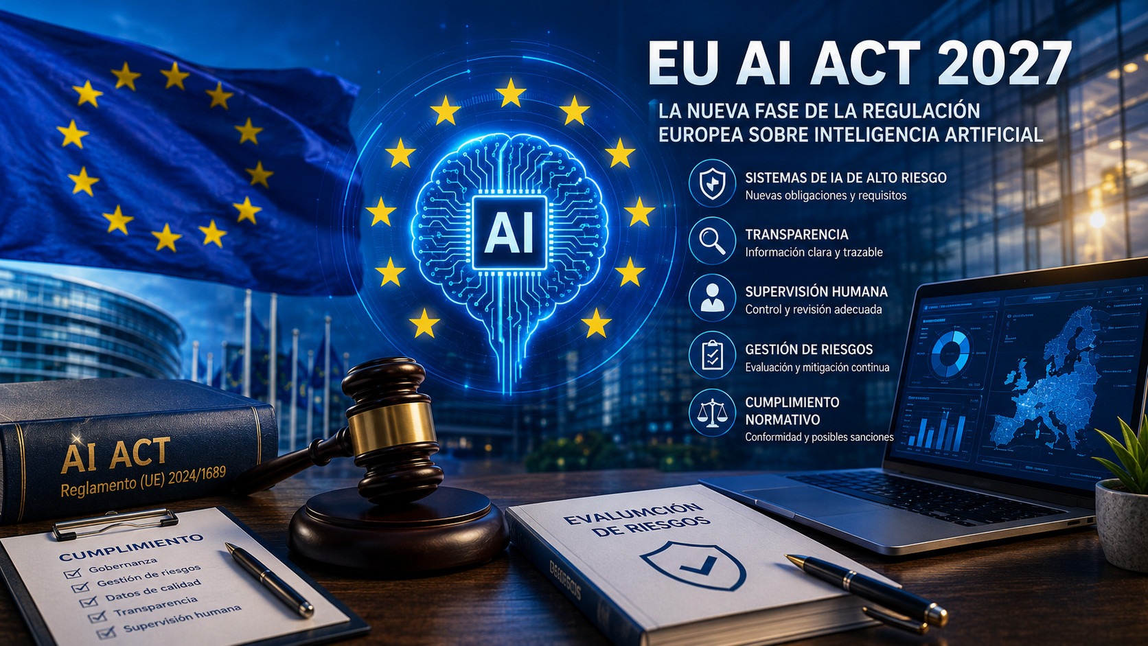 EU AI Act 2027: la nueva fase que cambia las obligaciones sobre inteligencia artificial en Europa 2 El EU AI Act 2027 marca la fase clave del Reglamento europeo de IA: alto riesgo, empresas afectadas, obligaciones y sanciones explicadas.