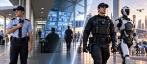 Robótica e IA en seguridad privada: proyectos reales en España — Parte 2 Vigilante de seguridad con cámara corporal y robot humanoide como ejemplo de robótica e IA en seguridad privada en España