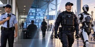 Robótica e IA en seguridad privada: proyectos reales en España — Parte 2 Vigilante de seguridad con cámara corporal y robot humanoide como ejemplo de robótica e IA en seguridad privada en España