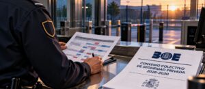 Convenio de seguridad privada 2026-2030: ¿salimos ganando? Recreación con IA de un vigilante de seguridad revisando un cuadrante de turnos junto a un documento del convenio de seguridad privada 2026-2030