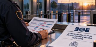 Convenio de seguridad privada 2026-2030: ¿salimos ganando? Recreación con IA de un vigilante de seguridad revisando un cuadrante de turnos junto a un documento del convenio de seguridad privada 2026-2030