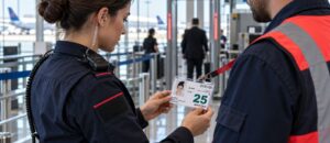 Certificación C1 de AESA: requisitos, examen, validez y plus (2026) Recreación con IA de una vigilante de seguridad realizando un control de accesos en la zona restringida de un aeropuerto, certificación C1