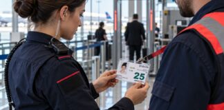 Certificación C1 de AESA: requisitos, examen, validez y plus (2026) Recreación con IA de una vigilante de seguridad realizando un control de accesos en la zona restringida de un aeropuerto, certificación C1