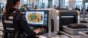 Certificación C2 de AESA: examen de rayos X, requisitos y pluses (2026) Recreación con IA de un vigilante de seguridad analizando una imagen de rayos X de un equipaje en el filtro de un aeropuerto, certificación C2