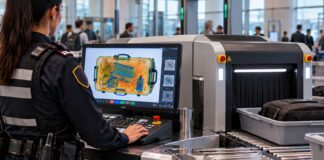 Certificación C2 de AESA: examen de rayos X, requisitos y pluses (2026) Recreación con IA de un vigilante de seguridad analizando una imagen de rayos X de un equipaje en el filtro de un aeropuerto, certificación C2