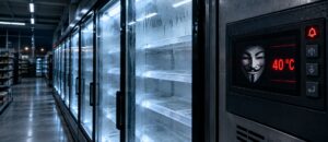Tres años de advertencias antes del ciberataque a supermercados franceses: las lecciones para la seguridad industrial Ciberataque a supermercados franceses: murales frigoríficos vacíos y panel de control con alarma de temperatura